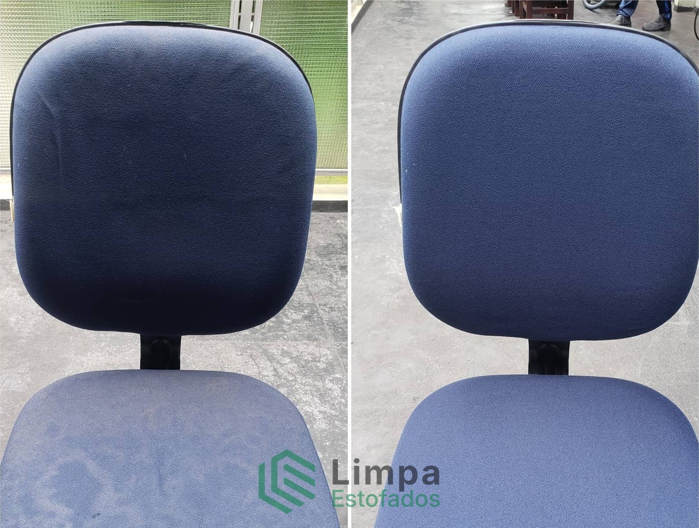 Antes e depois de higienização de cadeira estofada azul